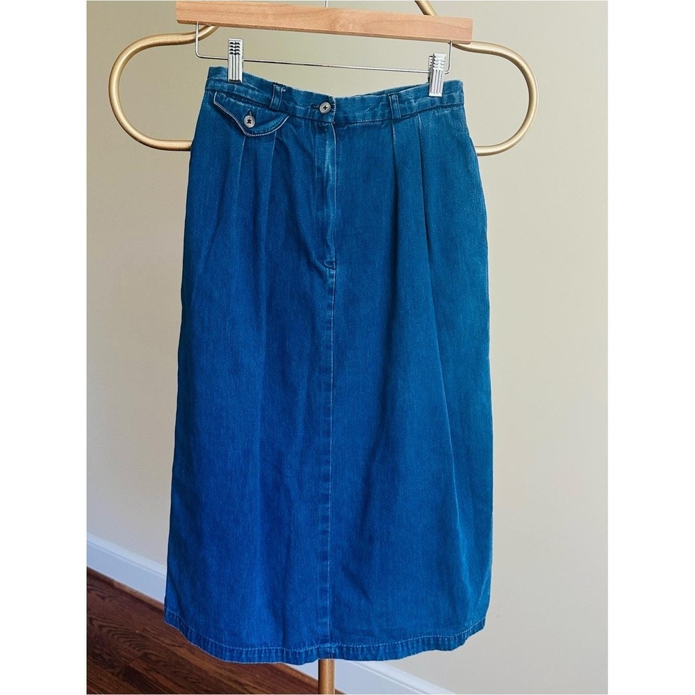 Vintage Lands End Denim Midi Skirt Blue Cotton Pleated High Waist Made in USA - Picture 2 of 7